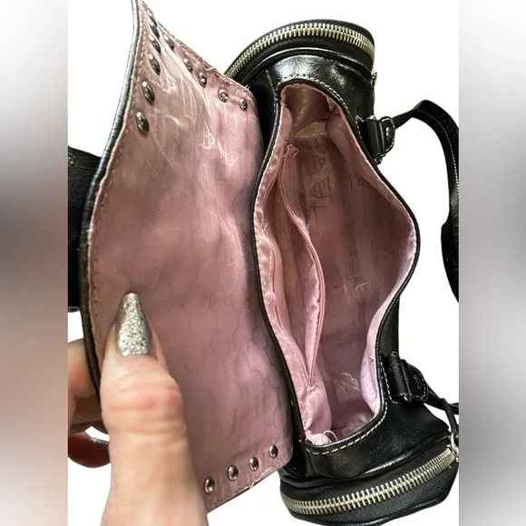 Kathy Van Zeeland Y2K Black Tootsie Roll Purse Satchel Side Zip Rhinestone - Picture 9 of 16